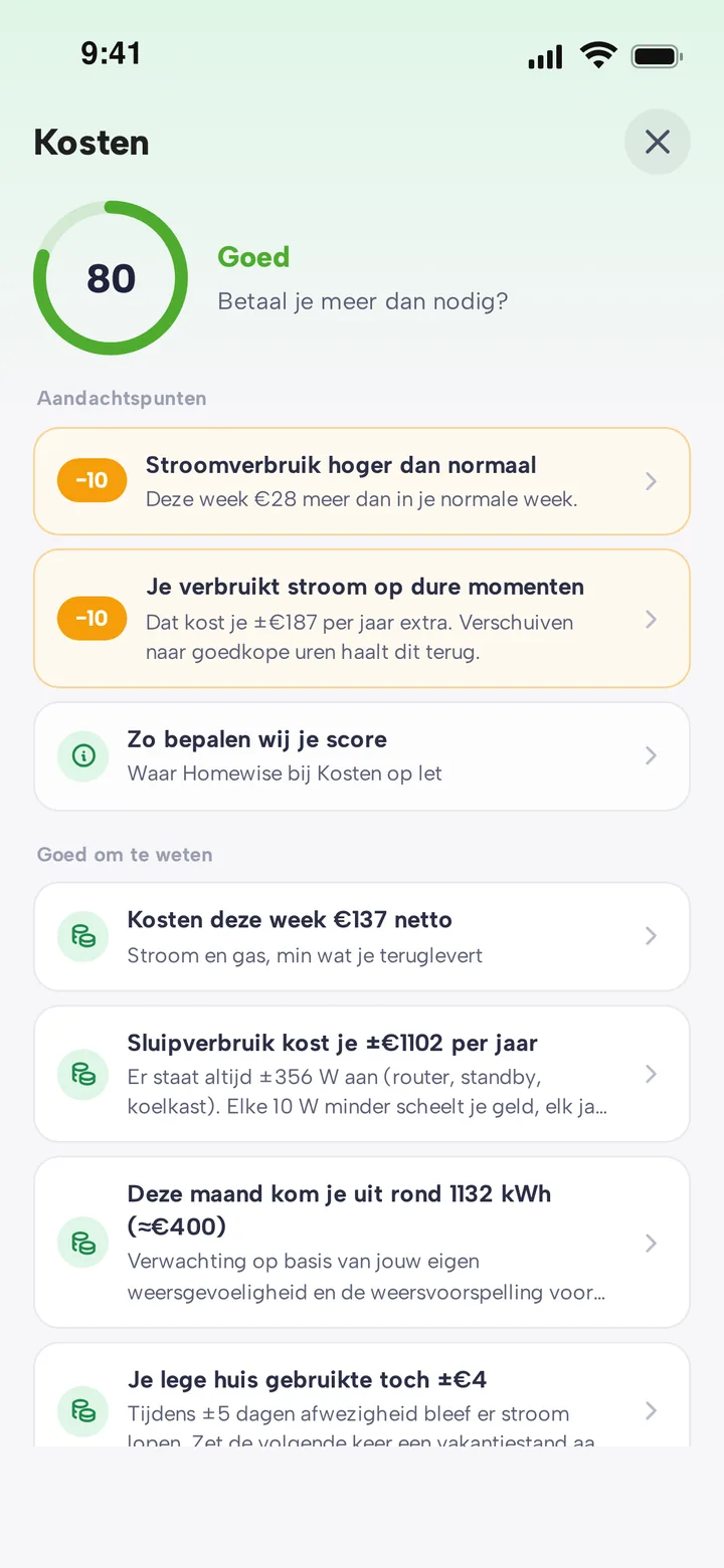 Het scherm Kosten in de Homewise-app